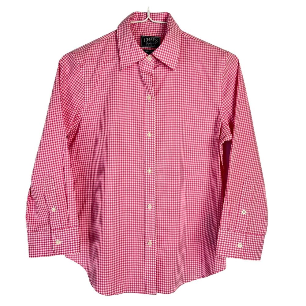 CHAPS Classics No-Iron Women's Petite Small Pink Gingham 3/4 Sleeve Button Shirt